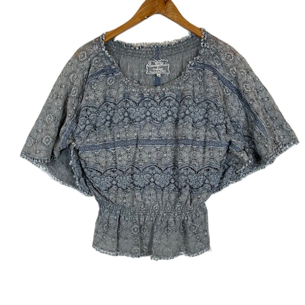 Queen Moda Women's Blue Gray Smocked Cotton Lace Short Sleeve Blouse‎ S